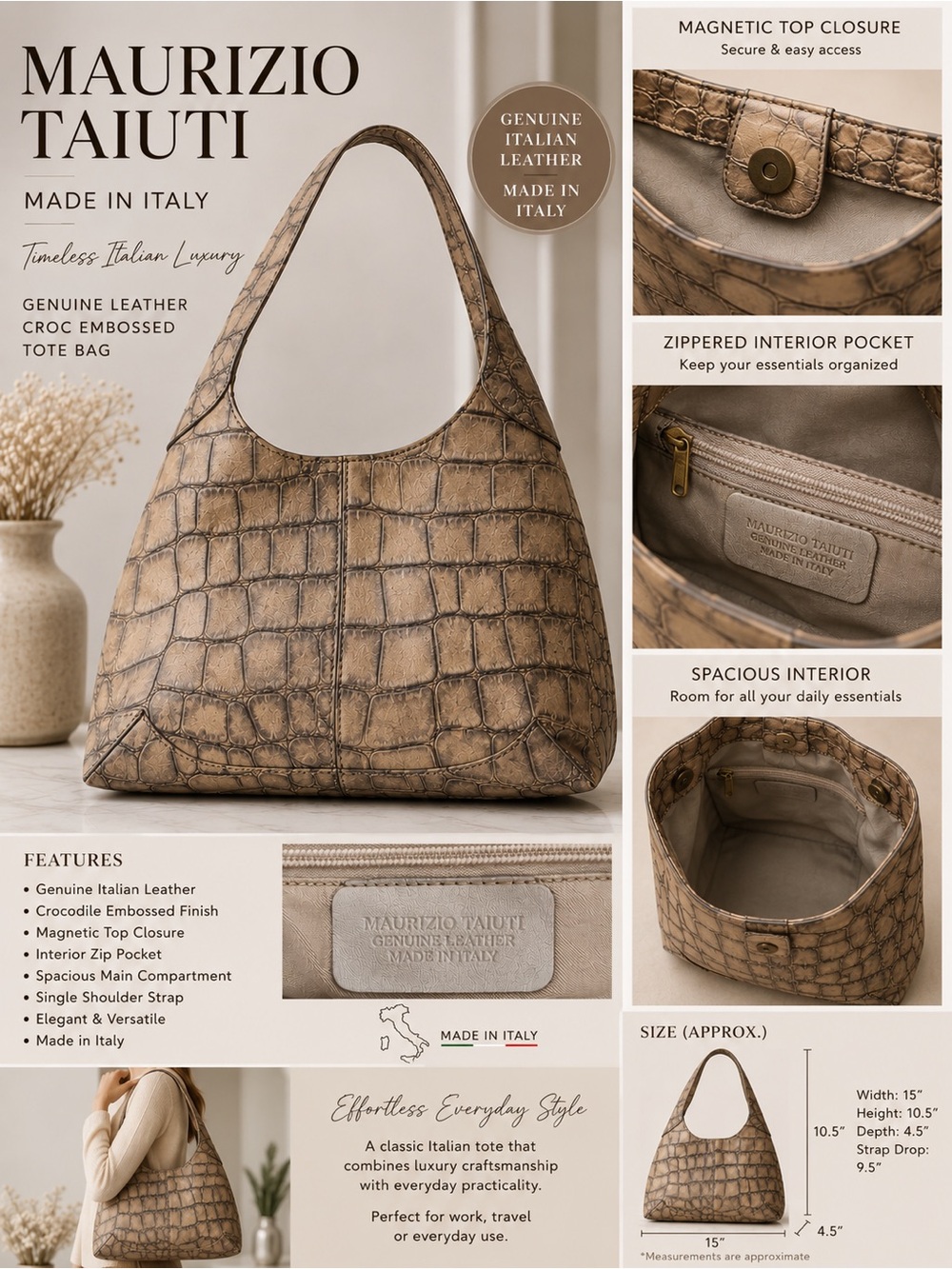 Maurizio Taiuti Genuine Leather Croc-Embossed Tote - Taupe